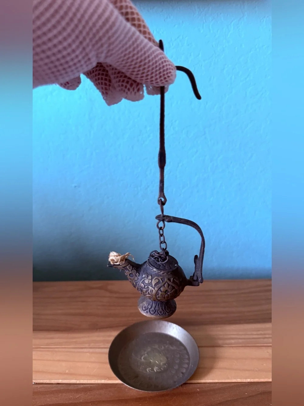 Vintage Miniature Brass Hanging Oil Lamp w/ Iron Hanger & Tray Diya Style 3.5”